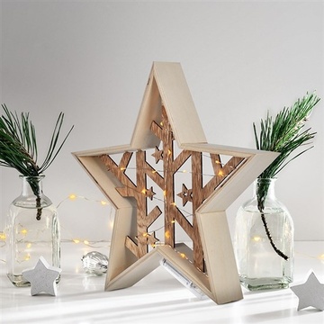 LED vianočná hviezda, prírodné drevo, 2xAA, teplá biela