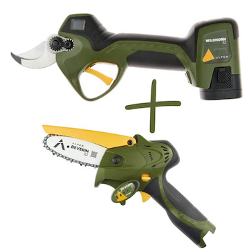 Set elektrické nožnice a mini píla ALPEN, model Wildhorn 32, komplet s 3 batériami a powerpackom + Beverin 10 NP píla bez batérie